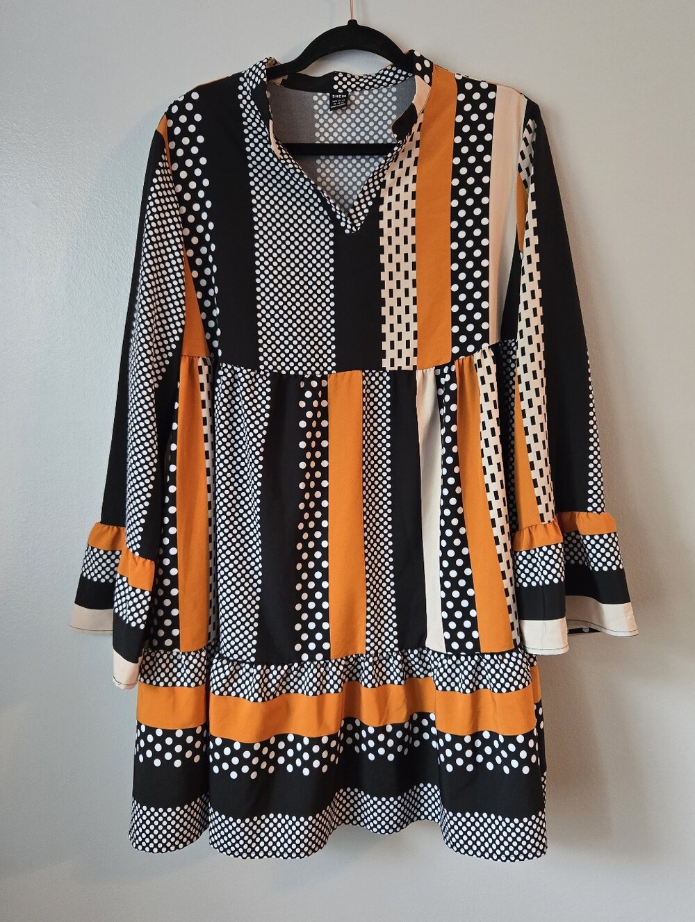 SHEIN Mixed Geometric Print Babydoll Mini Dress Orange Black Polka Dot Tiered XL